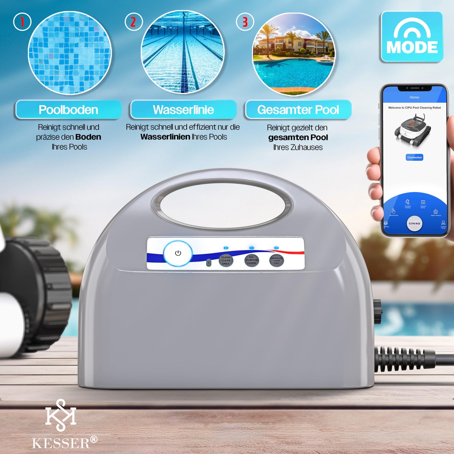 KESSER® Poolroboter – vollautomatisch mit App, Boden & Wand, bis 100 m², inkl. Abdeckung & Klettermechanismus