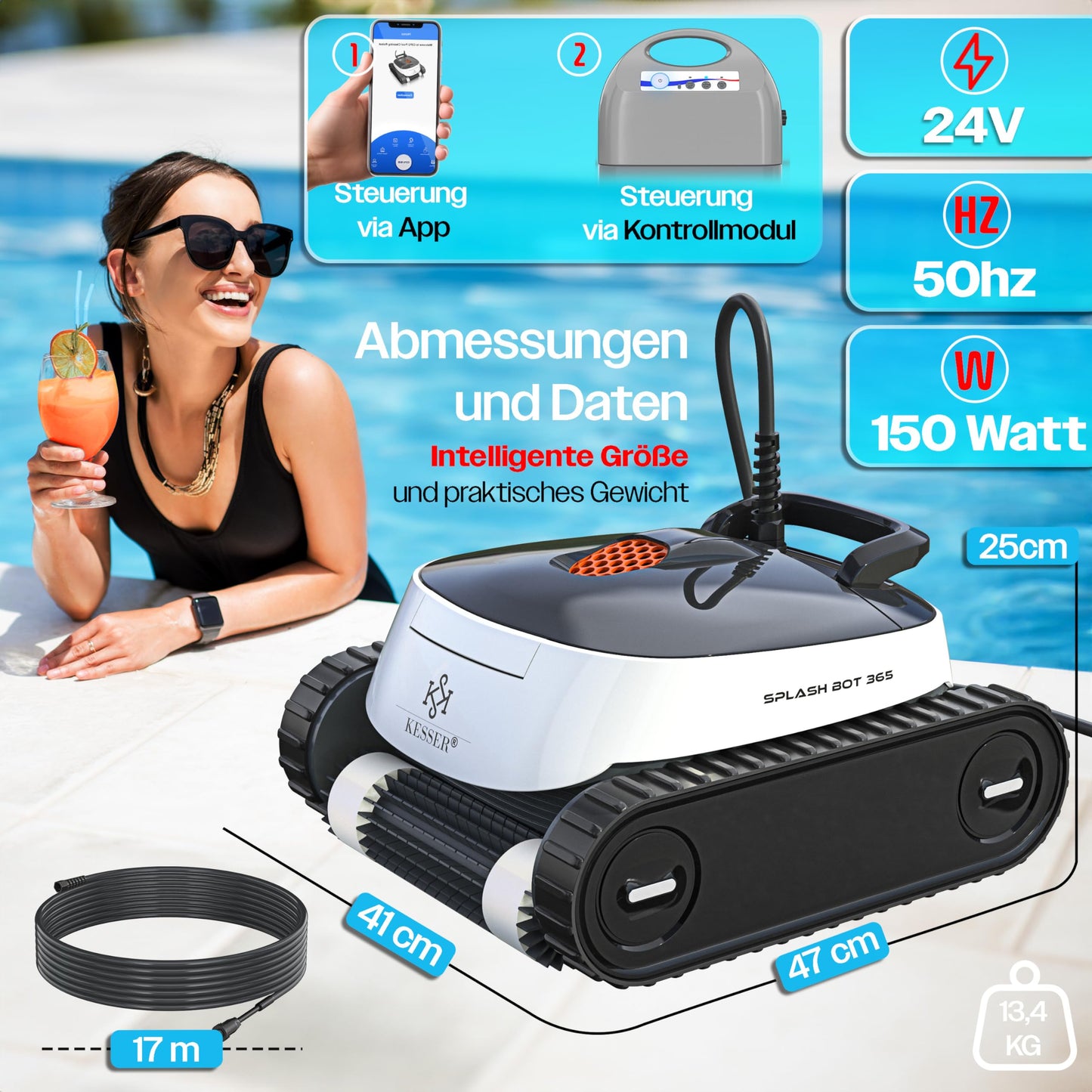 KESSER® Poolroboter – vollautomatisch mit App, Boden & Wand, bis 100 m², inkl. Abdeckung & Klettermechanismus