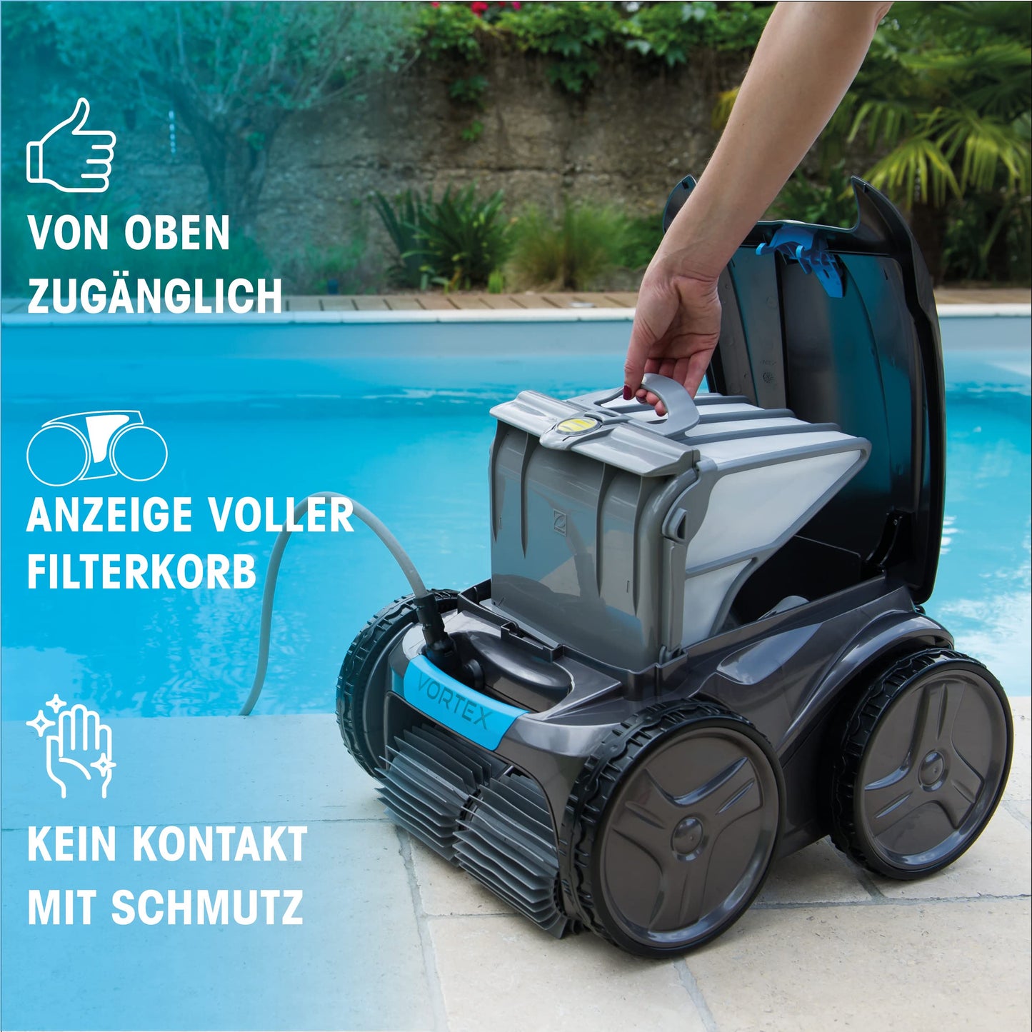 Zodiac Vortex 4WD Poolroboter OV 5300 SW – Boden/Wand/Wasserlinie, bis 12x6 m, 18 m Swivel Kabel + Transportwagen