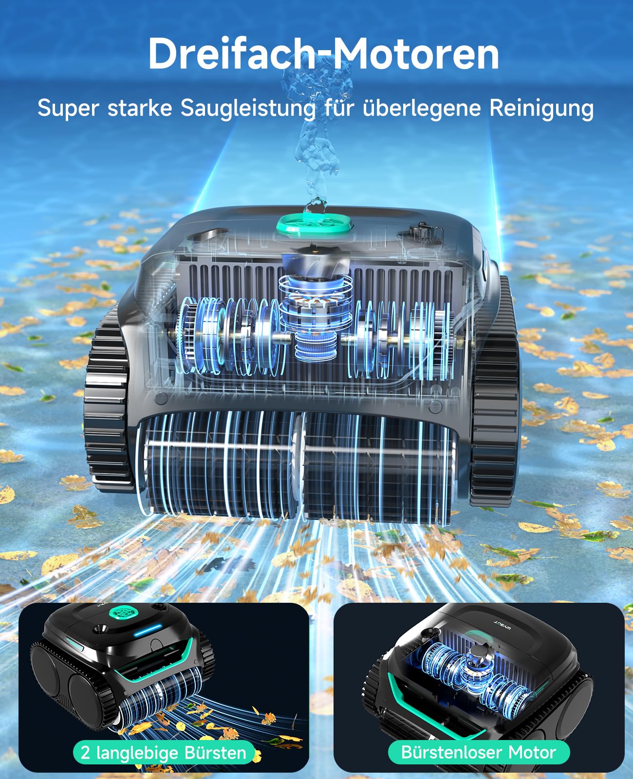 WYBOT C2 Poolroboter Akku, Boden & Wand, 3-Motoren, 180 Min Laufzeit, starke Saugkraft, Doppelfilter, App, für Pools bis 150 m²