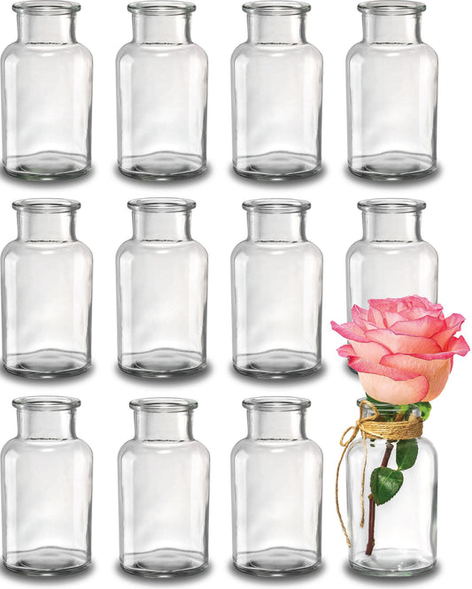 Praknu 12 Kleine Glasvasen - 12,5 cm hoch - Inklusive Juteschnur - Vintage Design - Traumhafte Deko für Hochzeit - Spülmaschinenfest