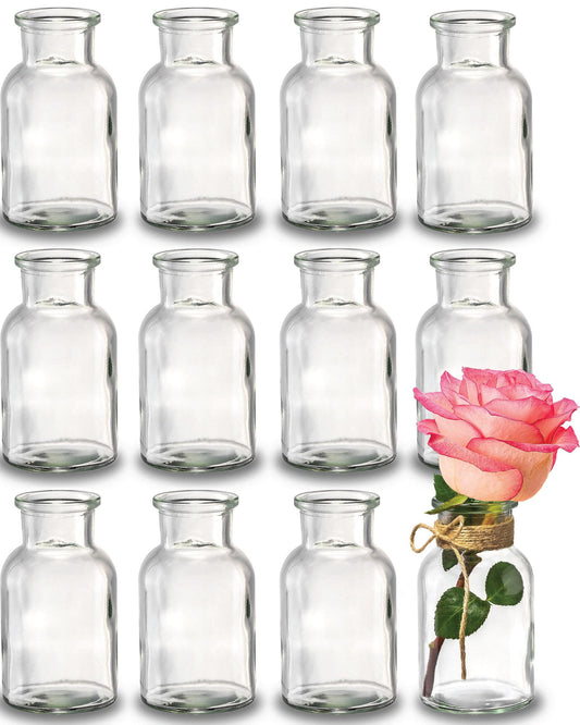 Praknu 12 Mini Glasvasen - 10 cm hoch - Inklusive Juteschnur - Vintage Design - Traumhafte Deko für Hochzeit - Spülmaschinenfest