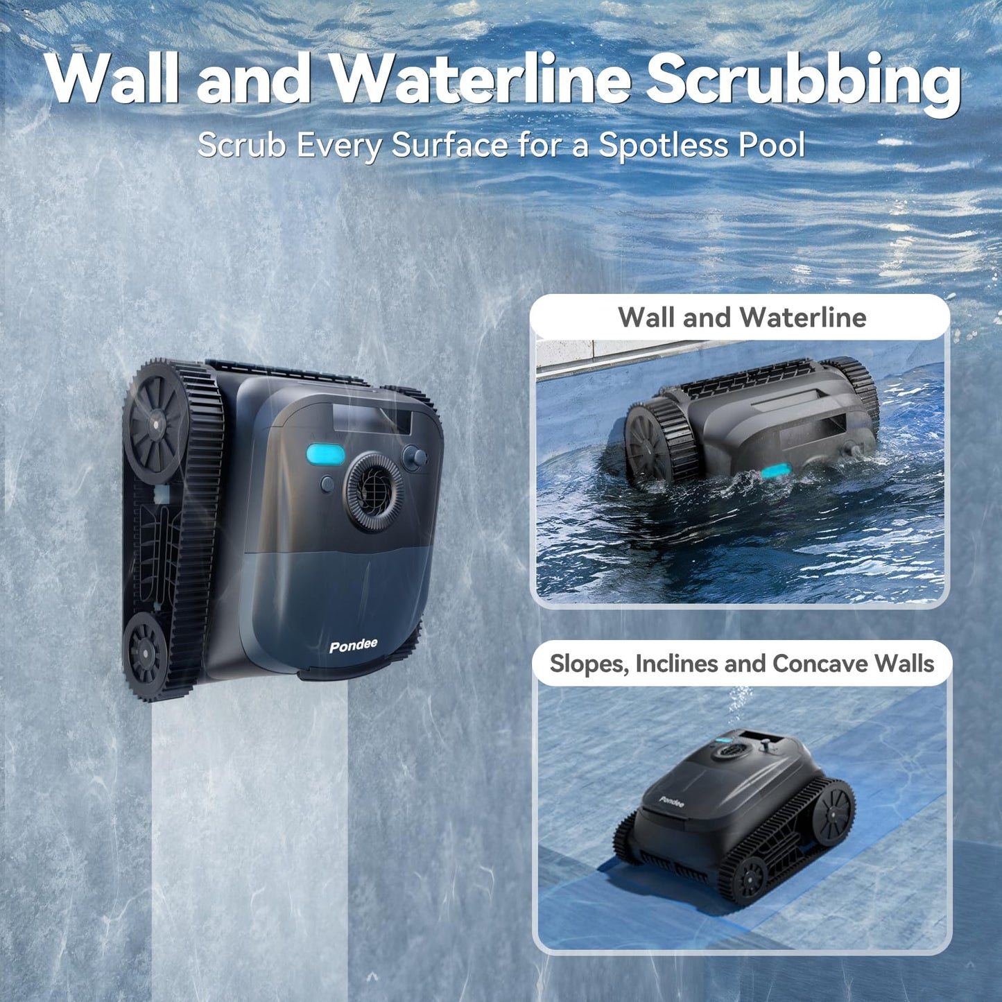Pondee X5 Poolroboter Boden & Wand, kabellos mit Wandklettern, 180 Min Laufzeit, Smart Docking, für Pools bis 300 m²