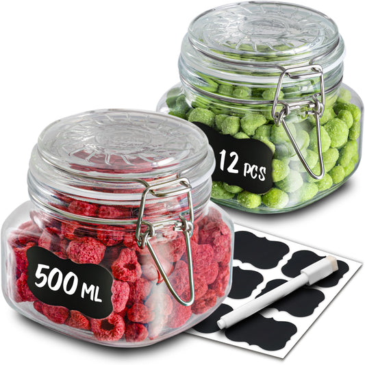 Praknu 12 Einmachgläser mit Bügelverschluss 500ml - Mit Etiketten, Stift und extra Silikondichtungen - Platzsparend durch eckige