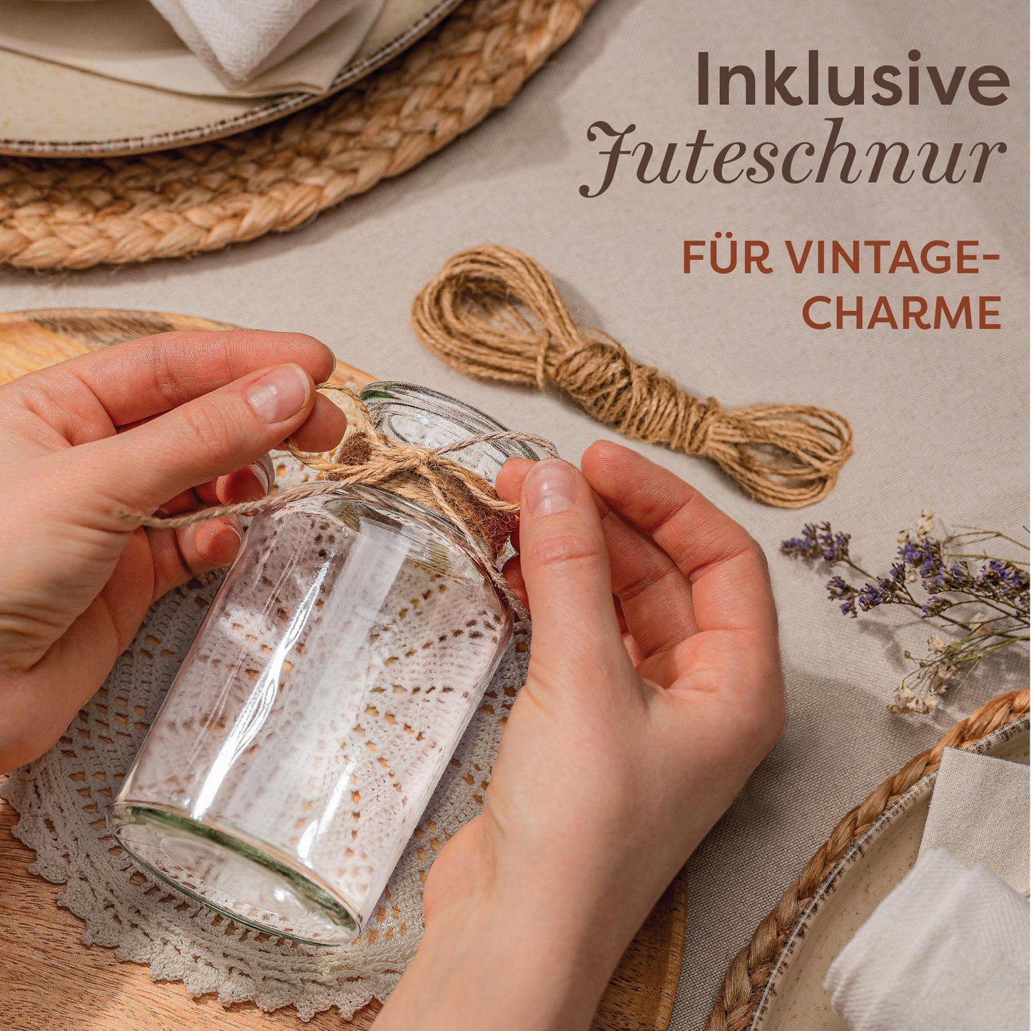 Praknu 12 Kleine Glasvasen - 12,5 cm hoch - Inklusive Juteschnur - Vintage Design - Traumhafte Deko für Hochzeit - Spülmaschinenfest