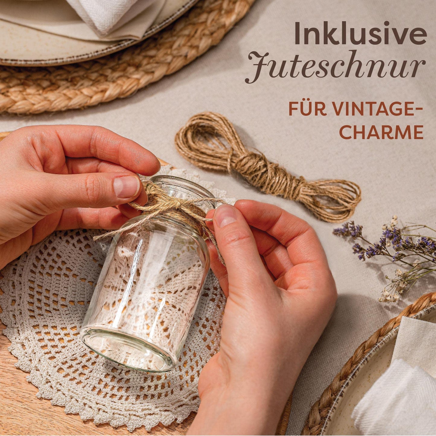 Praknu 12 Mini Glasvasen - 10 cm hoch - Inklusive Juteschnur - Vintage Design - Traumhafte Deko für Hochzeit - Spülmaschinenfest